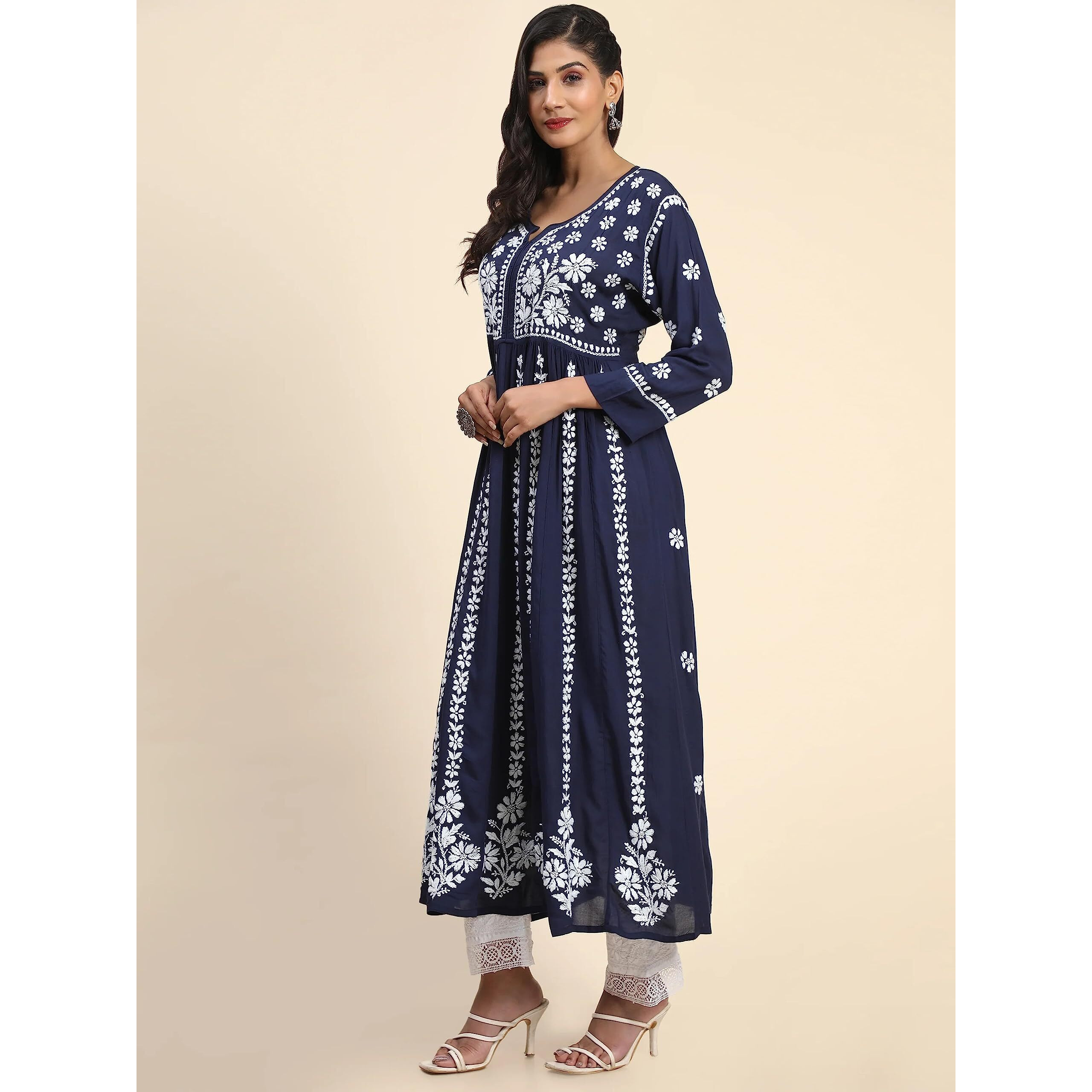 Gosriki Women's Rayon Blend Chikankari Embroidered Anarkali Kurta (Vavajodo-Blue-Gs_Xl_Blue_X-Large)