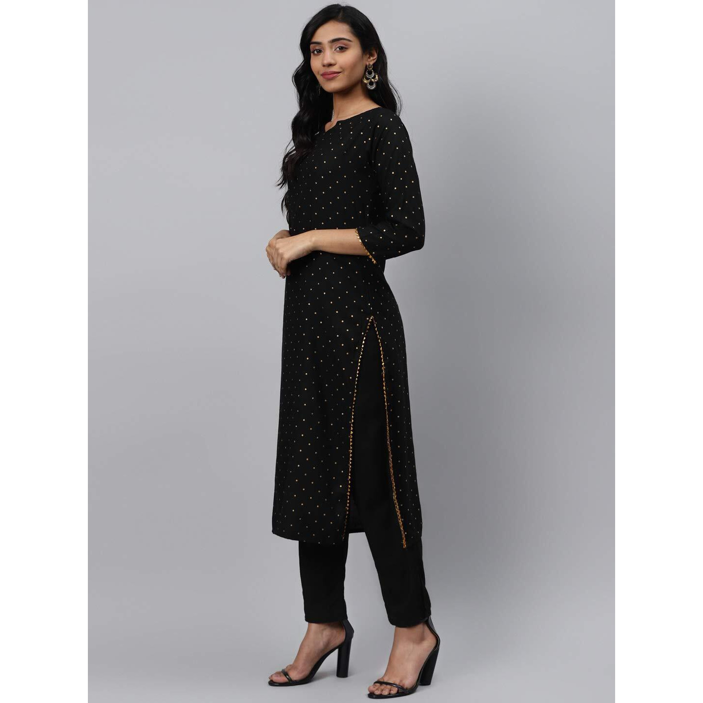 Gosriki Women's Black & Golden Polka Print Kurta With Trousers & Dupatta