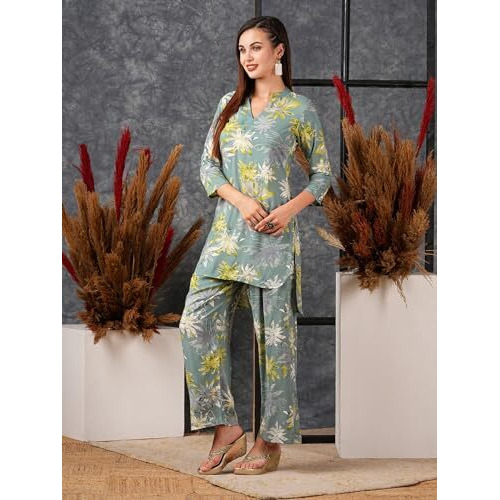 Gosriki Women's Cotton Blend Printed Ethnic Co-Ord Set (Ambhiya Grey-Gs_M_Grey_Medium)