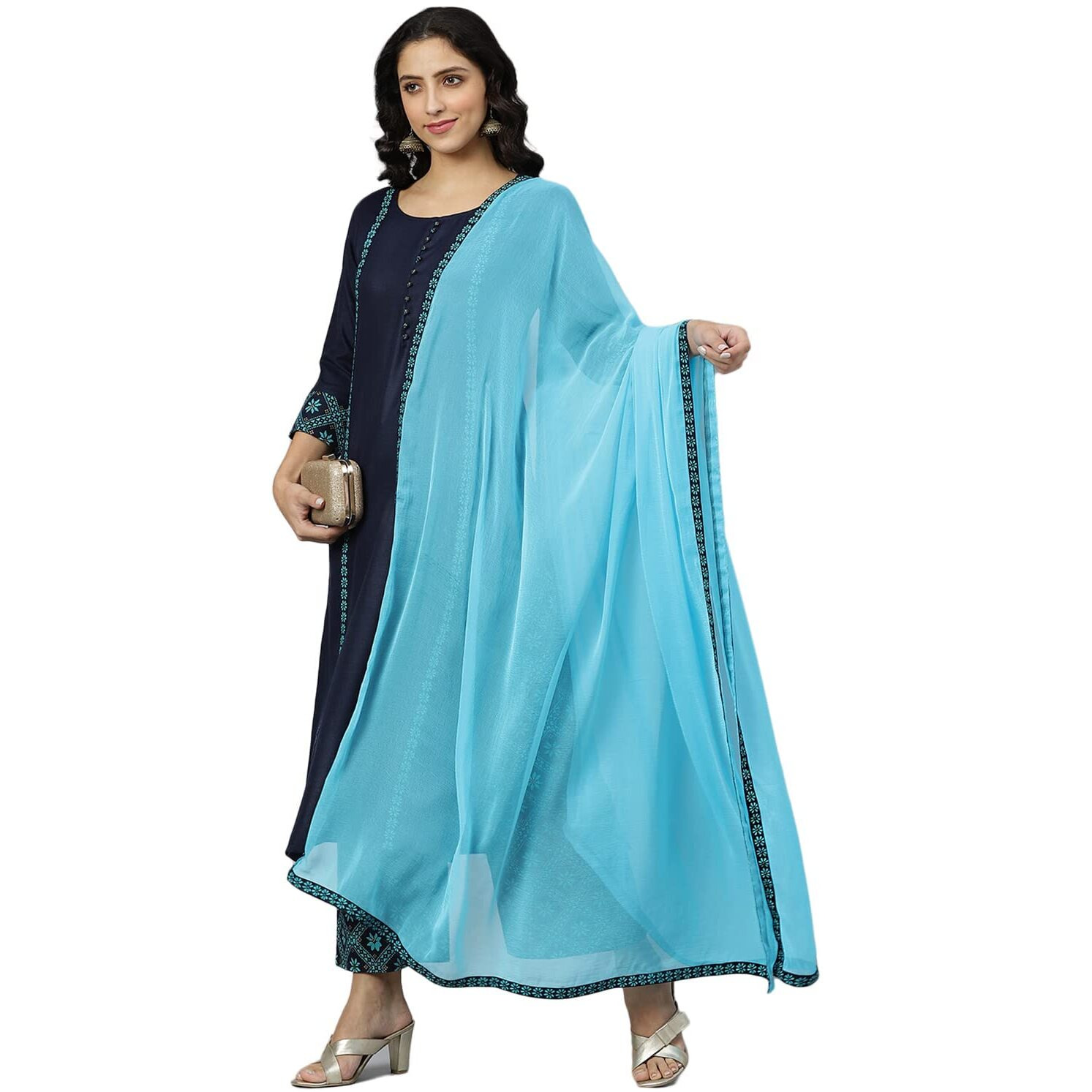 Gosriki Women's Cotton Blend Printed Straight Kurta, Palazzo & Dupatta (Homi Blue_New_S-Go_Blue_Small)