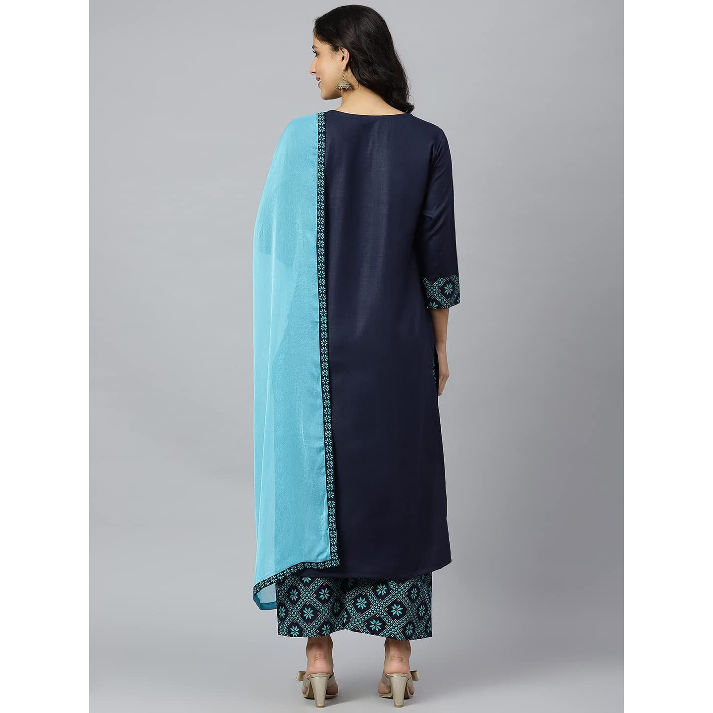 Gosriki Women's Cotton Blend Printed Straight Kurta, Palazzo & Dupatta (Homi Blue_New_S-Go_Blue_Small)
