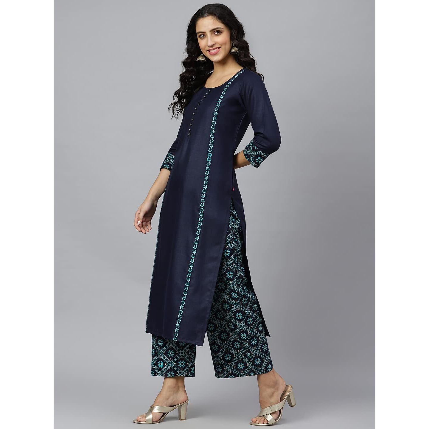 Gosriki Women's Cotton Blend Printed Straight Kurta, Palazzo & Dupatta (Homi Blue_New_S-Go_Blue_Small)