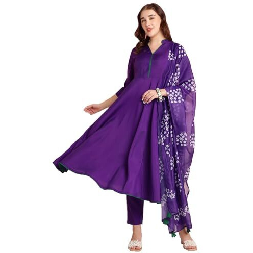 Gosriki Women's Rayon Blend Solid Anarkali Kurta With Pant & Dupatta (Bhagvath Begani-Vks03-Gs_M_Begani_Medium)