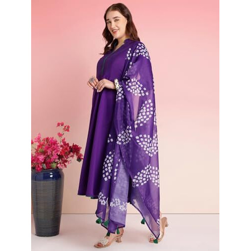 Gosriki Women's Rayon Blend Solid Anarkali Kurta With Pant & Dupatta (Bhagvath Begani-Vks03-Gs_M_Begani_Medium)