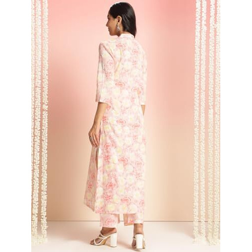 Gosriki Women's Rayon Viscose Straight Printed Kurta With Pant (Barani Cream-Gs_M_Cream_Medium)