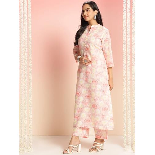 Gosriki Women's Rayon Viscose Straight Printed Kurta With Pant (Barani Cream-Gs_M_Cream_Medium)