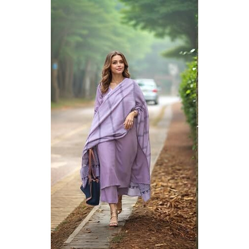 Gosriki Women's Rayon Blend Solid Straight Kurta With Pant & Dupatta (Raja Saab Purple-Vks02-Gs_S_Purple_Small)