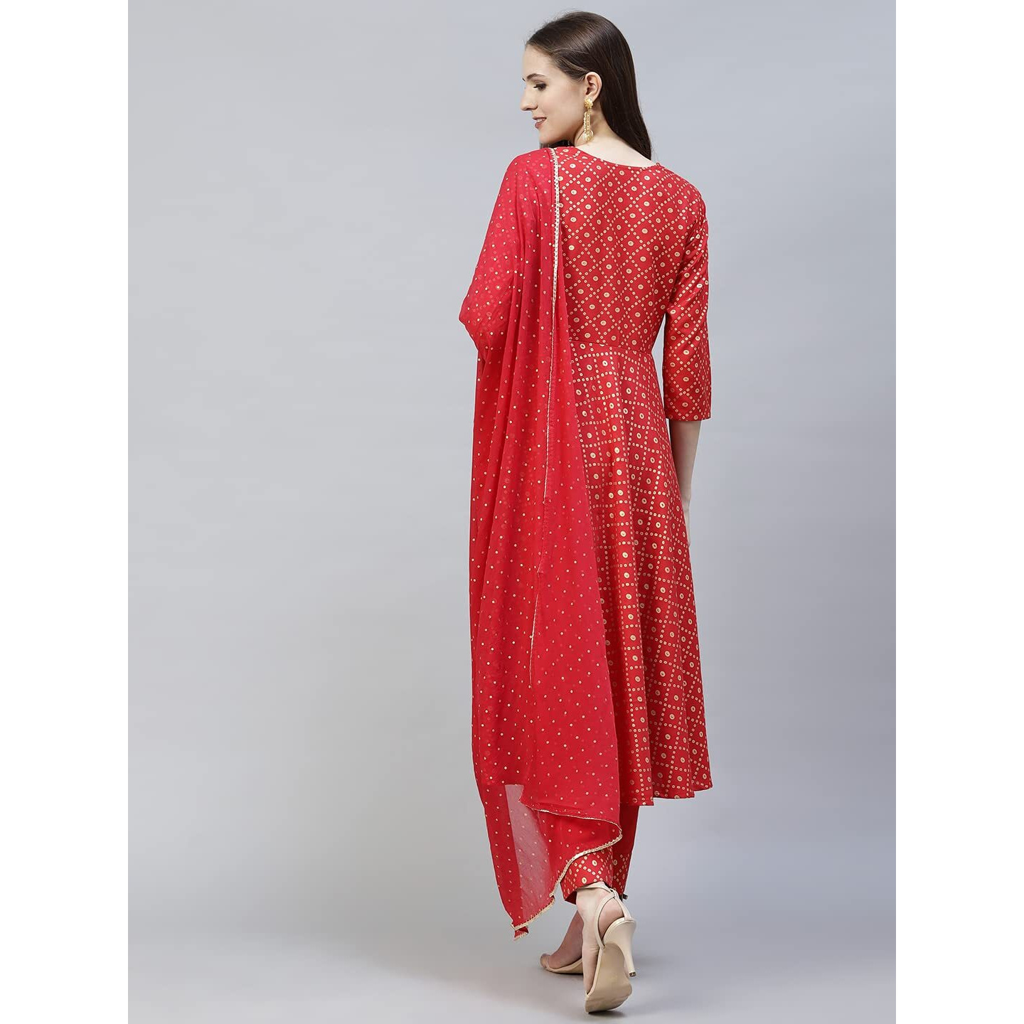Gosriki Women's Cotton Blend Printed Straight Kurta With Pant & Dupatta (Karwa Red_S-Gs_Red_Small)