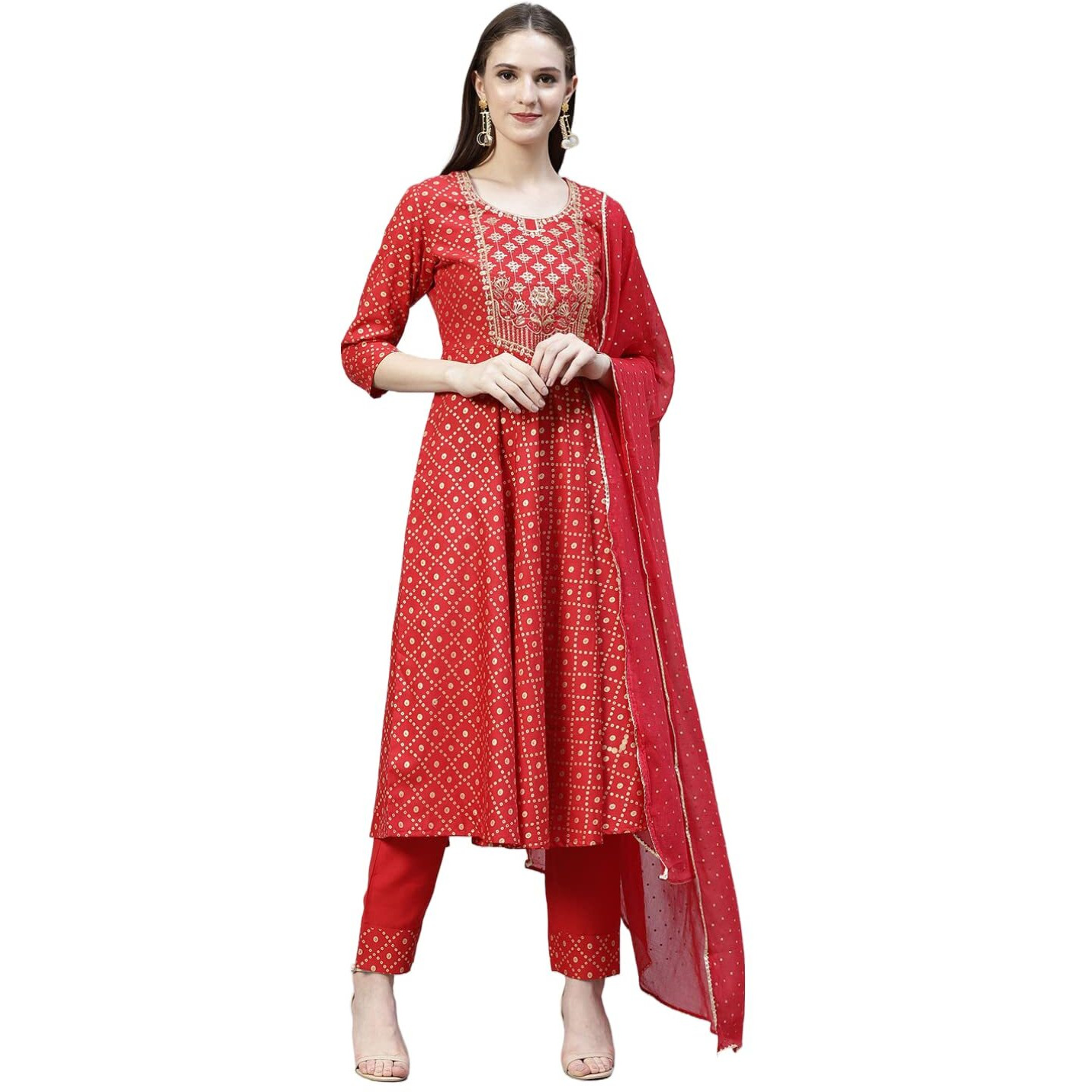 Gosriki Women's Cotton Blend Printed Straight Kurta With Pant & Dupatta (Karwa Red_S-Gs_Red_Small)