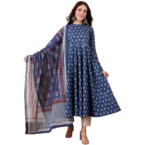 Gosriki Women's Rayon Viscose Anarkali Printed Kurta With Pant & Dupatta (Menon Blue-Gs_Xl_Blue_X-Large)