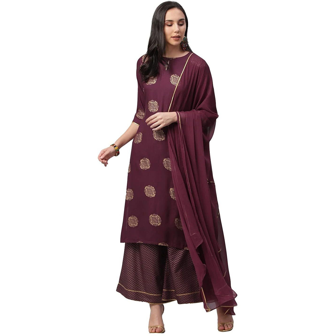 Gosriki Women's Rayon Straight Kurta With Palazzos & Dupatta (Ayesha_Go_Xl_Wine_X-Large)