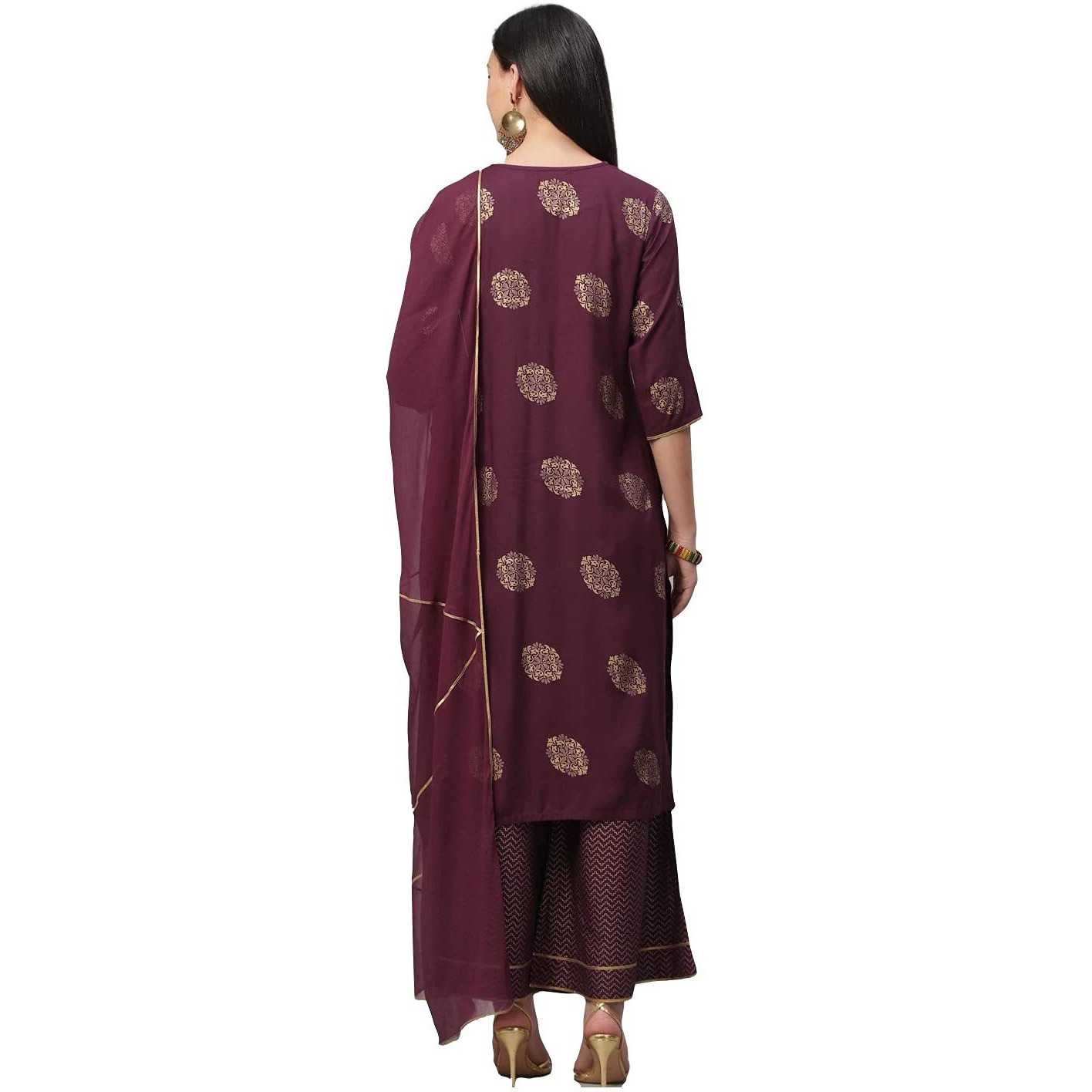 Gosriki Women's Rayon Straight Kurta With Palazzos & Dupatta (Ayesha_Go_Xl_Wine_X-Large)