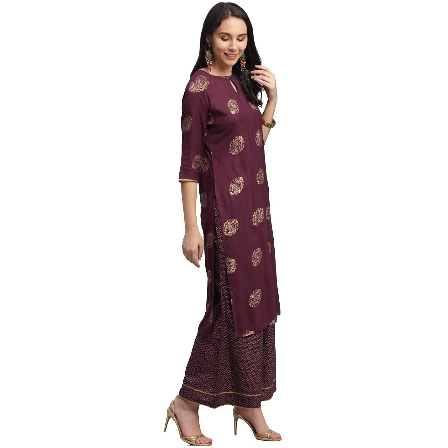 Gosriki Women's Rayon Straight Kurta With Palazzos & Dupatta (Ayesha_Go_Xl_Wine_X-Large)