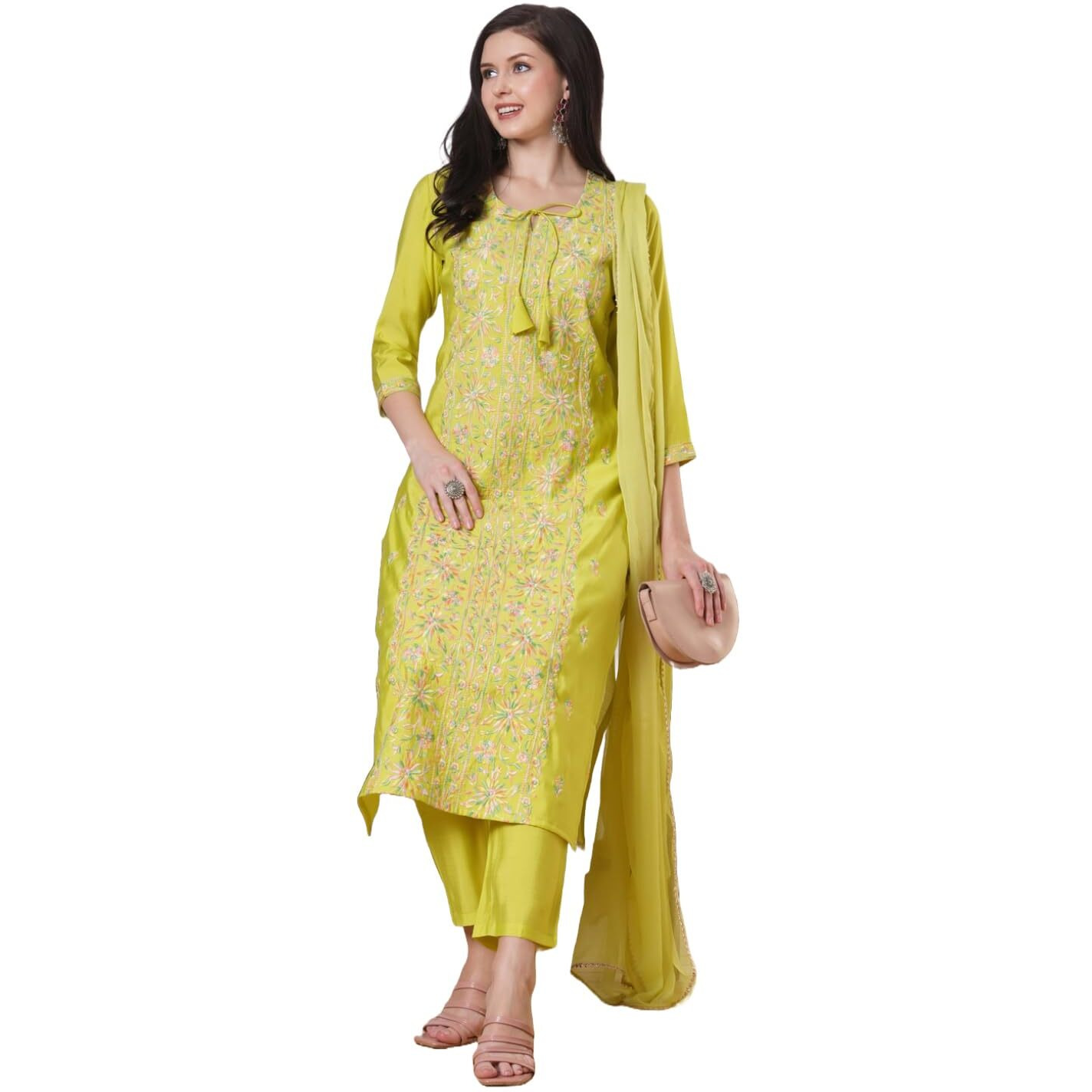 Gosriki Women's Rayon Viscose Embroidered Straight Kurta With Pant & Dupatta (Kochi Lime-Gs_S_Lime_Small)