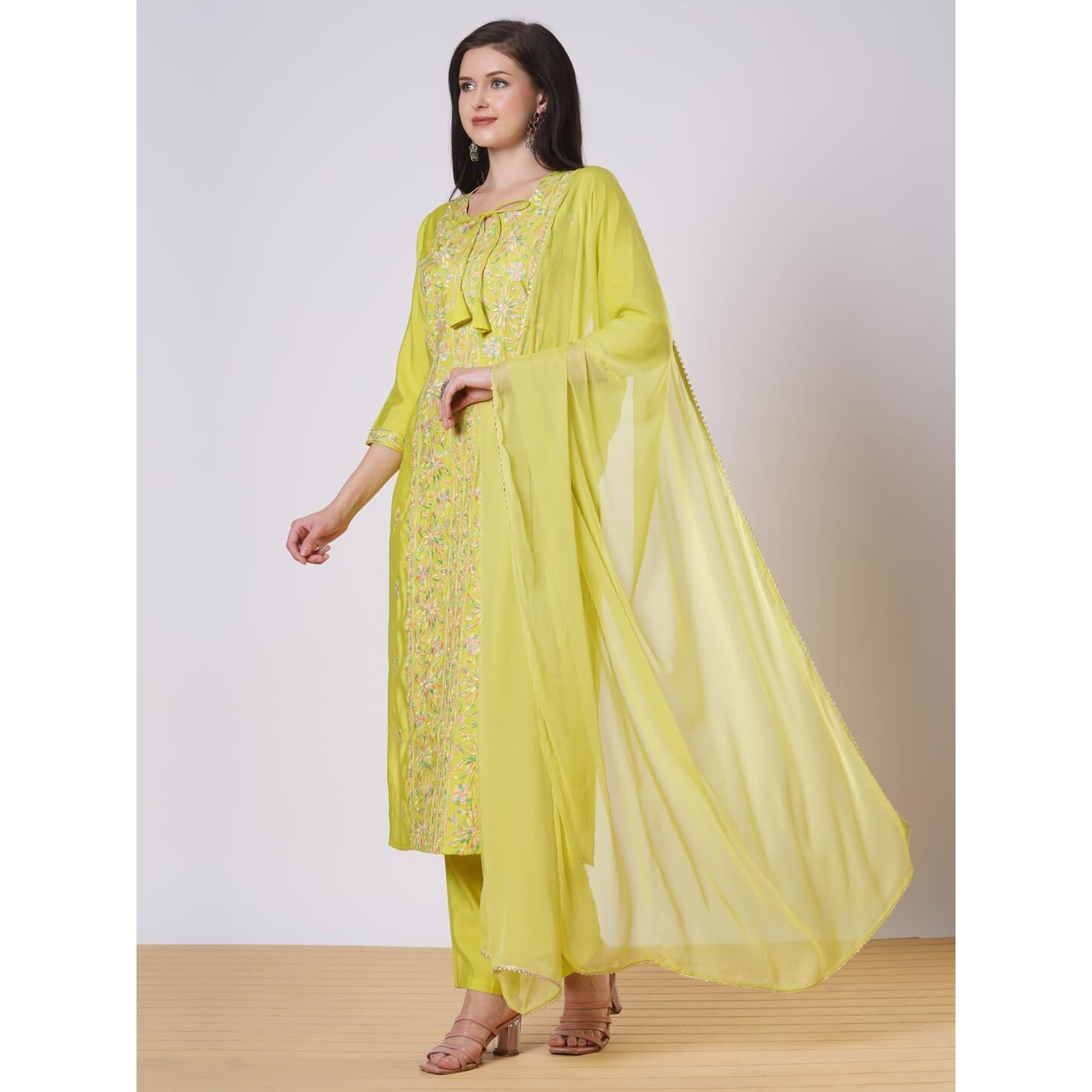 Gosriki Women's Rayon Viscose Embroidered Straight Kurta With Pant & Dupatta (Kochi Lime-Gs_S_Lime_Small)