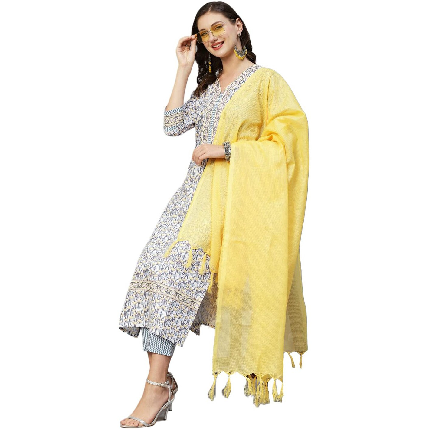 Gosriki Women's Cotton Blend Straight Kurta With Pant & Dupatta (Murhar-Yellow-Cmd-Gs_S_Yellow_Small)
