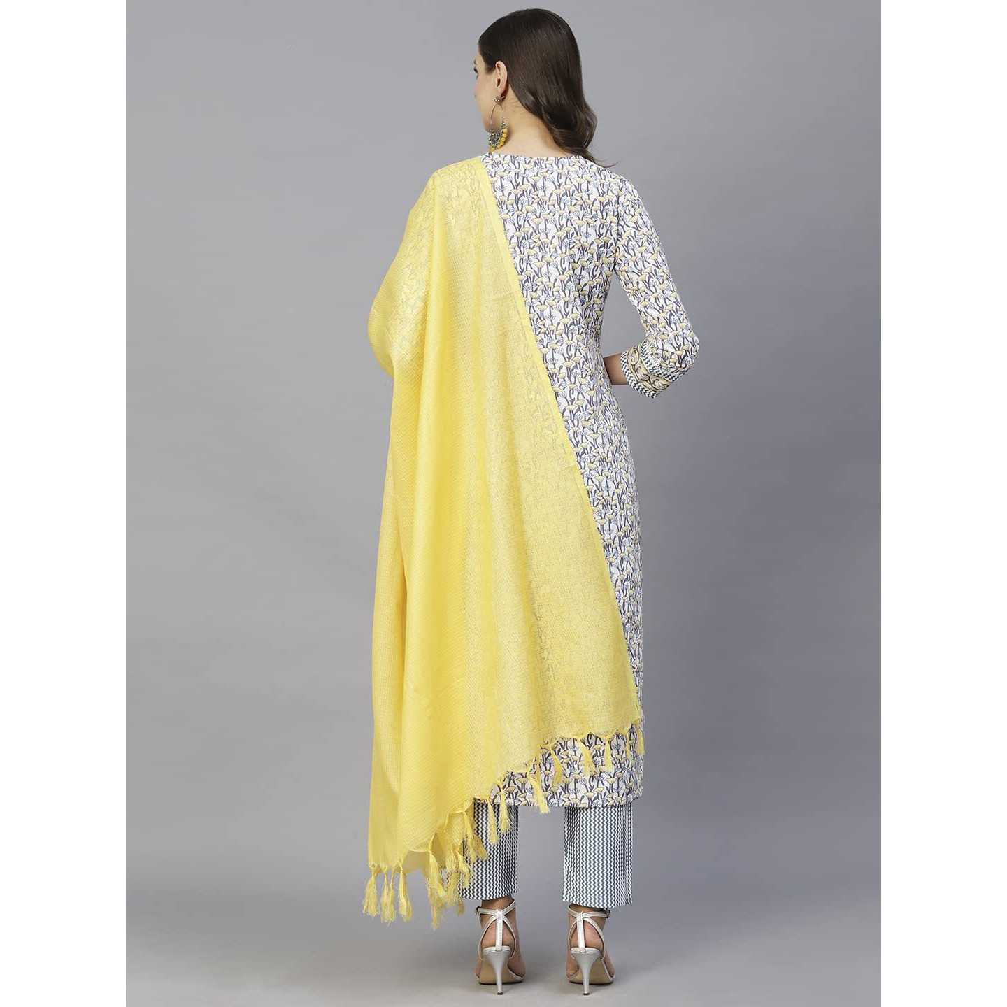 Gosriki Women's Cotton Blend Straight Kurta With Pant & Dupatta (Murhar-Yellow-Cmd-Gs_S_Yellow_Small)
