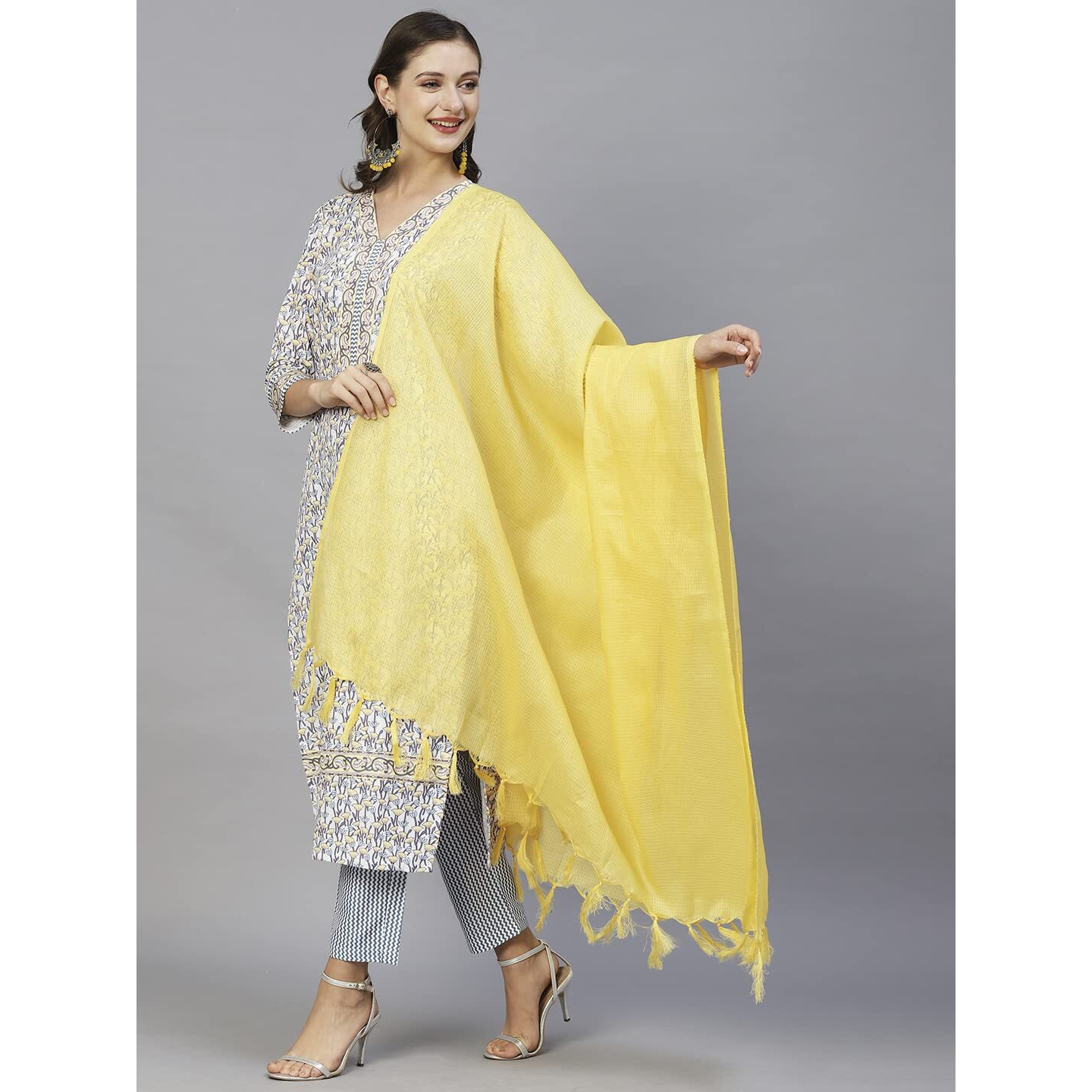 Gosriki Women's Cotton Blend Straight Kurta With Pant & Dupatta (Murhar-Yellow-Cmd-Gs_S_Yellow_Small)