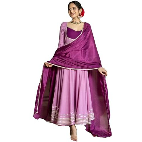 Gosriki Women's Rayon Viscose Solid Anarkali Kurta With Pant & Dupatta (Kuspari Lavender-Vks02-Gs_Xxl_Lavender_Xx-Large)