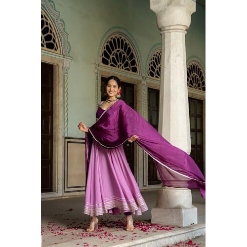 Gosriki Women's Rayon Viscose Solid Anarkali Kurta With Pant & Dupatta (Kuspari Lavender-Vks02-Gs_Xxl_Lavender_Xx-Large)