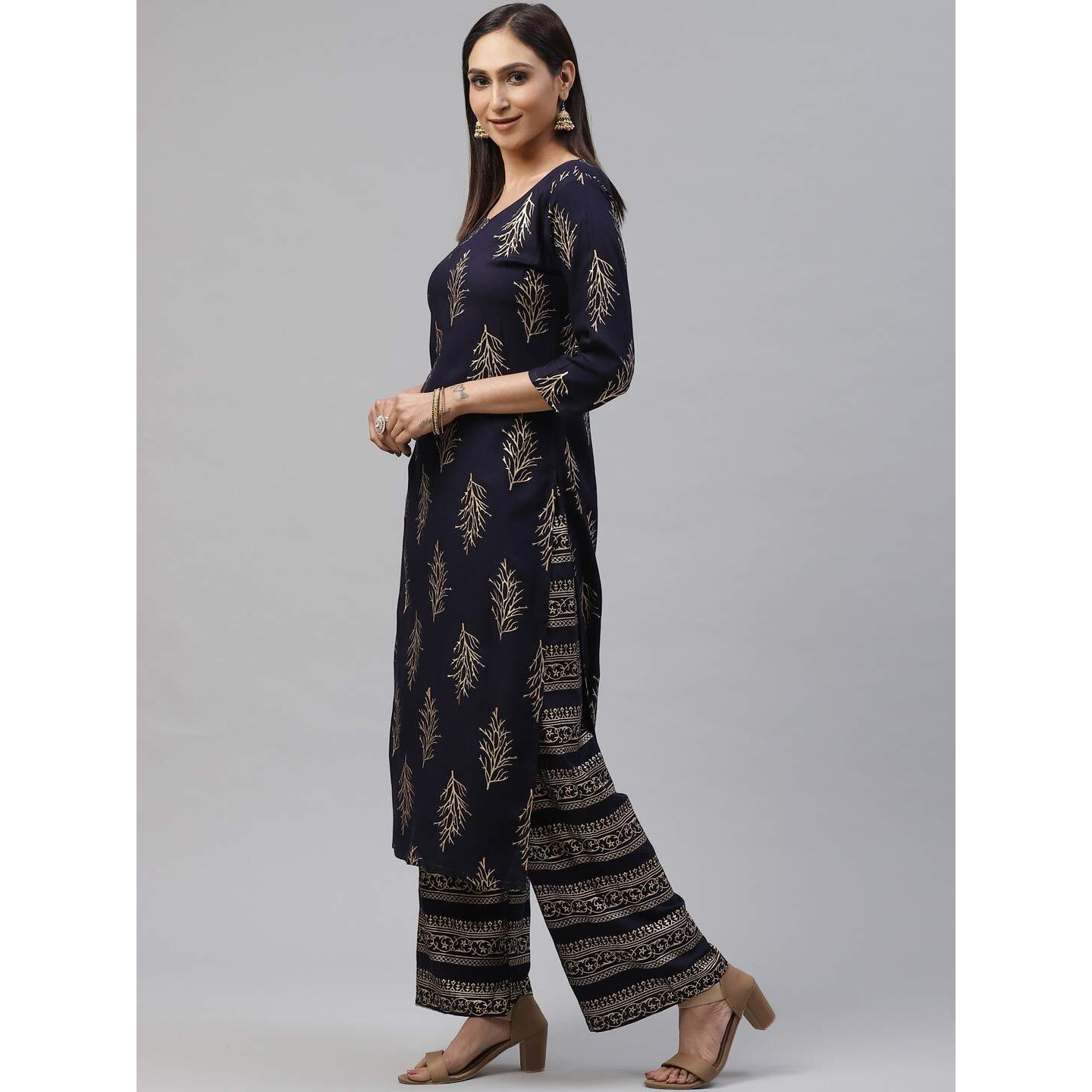 Gosriki Women's Rayon Regular Kurta And Palazzo (Prush-Navy-Newone_Xl-Go_Dark Blue_X-Large)