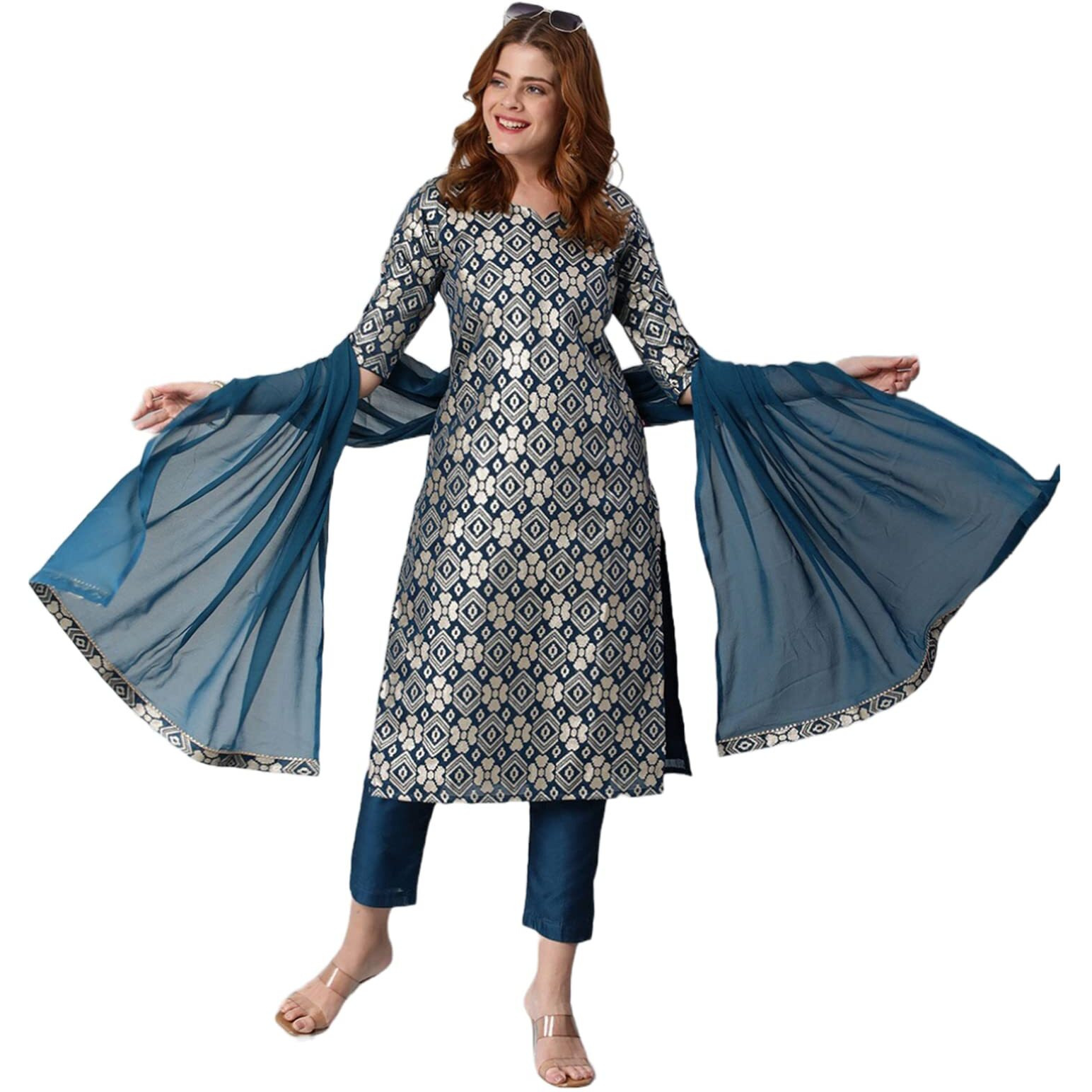 Gosriki Women's Banarasi Woven Straight Embellished Printed Kurta With Pant & Dupatta (Kabzaa-Cerosin-Gs_Xl_Dark Blue_X-Large)