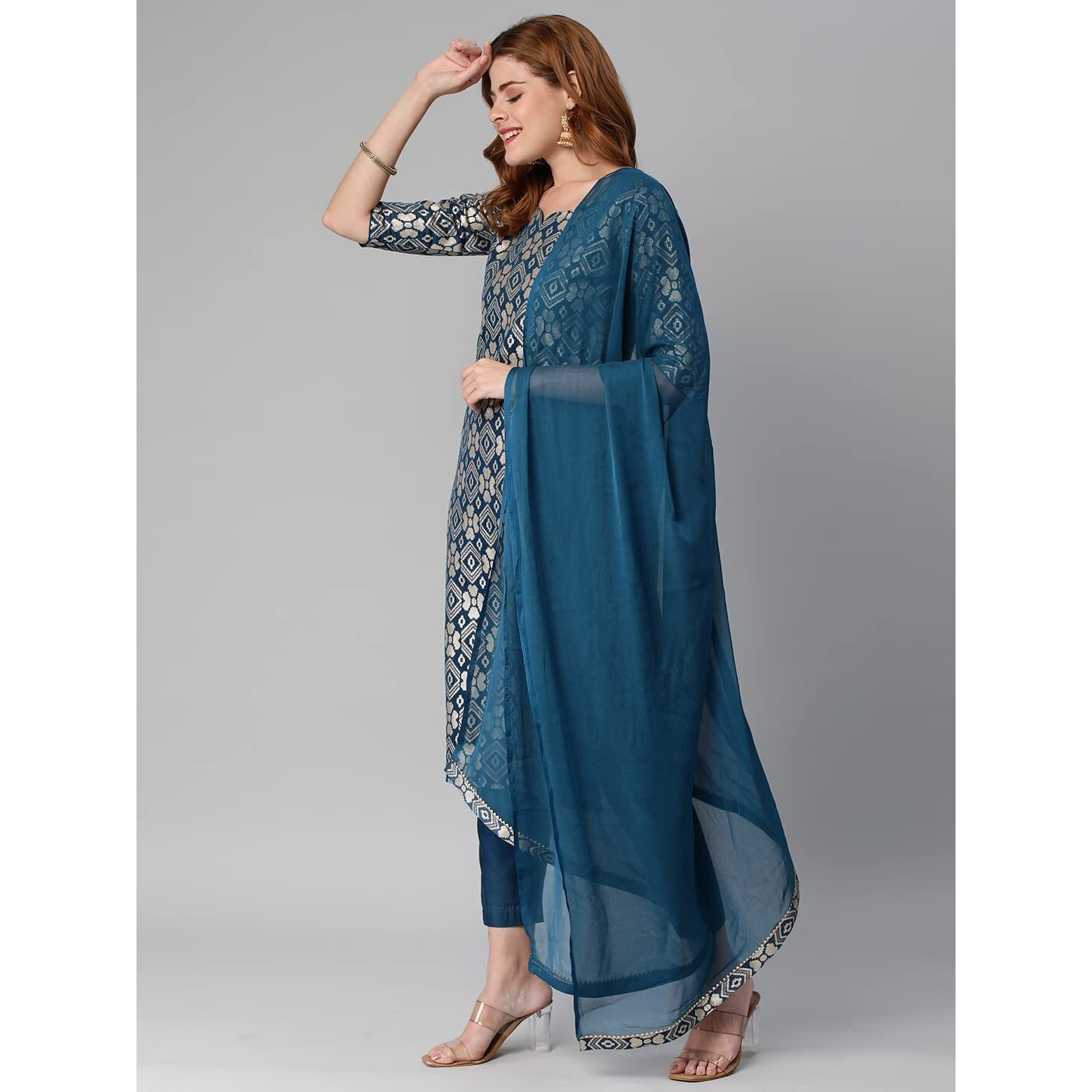 Gosriki Women's Banarasi Woven Straight Embellished Printed Kurta With Pant & Dupatta (Kabzaa-Cerosin-Gs_Xl_Dark Blue_X-Large)