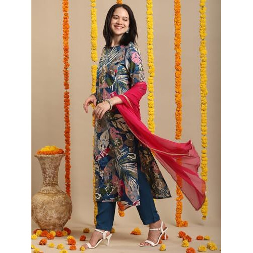 Gosriki Women's Rayon Blend Straight Printed Kurta With Pant & Dupatta (Kulkarni Cerosin-Vks01-Gs_Xxl_Blue_Xx-Large)