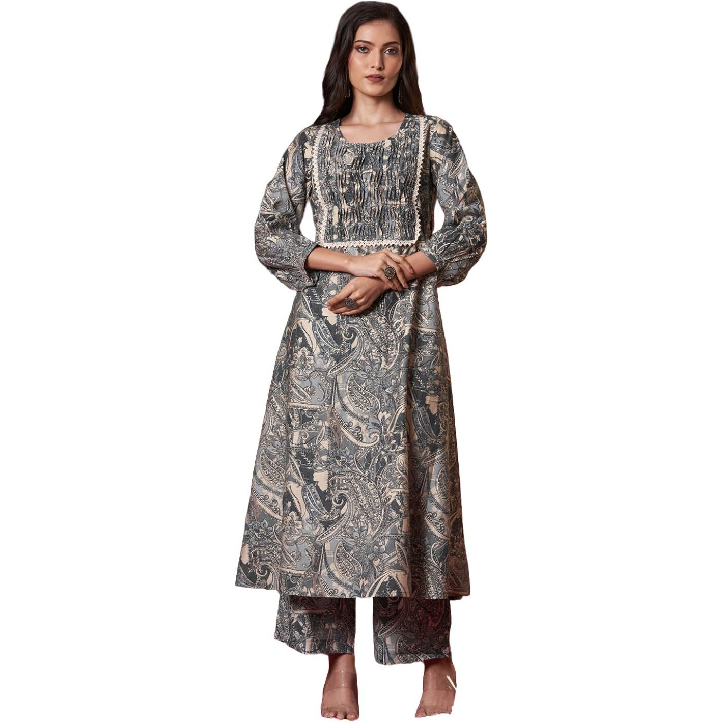 Gosriki Women's Rayon Blend Anarkali Printed Kurta With Palazzo (Marco Grey-Gs_M_Grey_Medium)