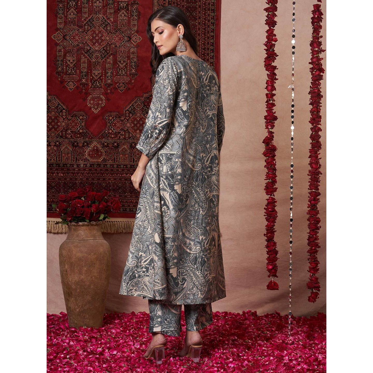 Gosriki Women's Rayon Blend Anarkali Printed Kurta With Palazzo (Marco Grey-Gs_M_Grey_Medium)