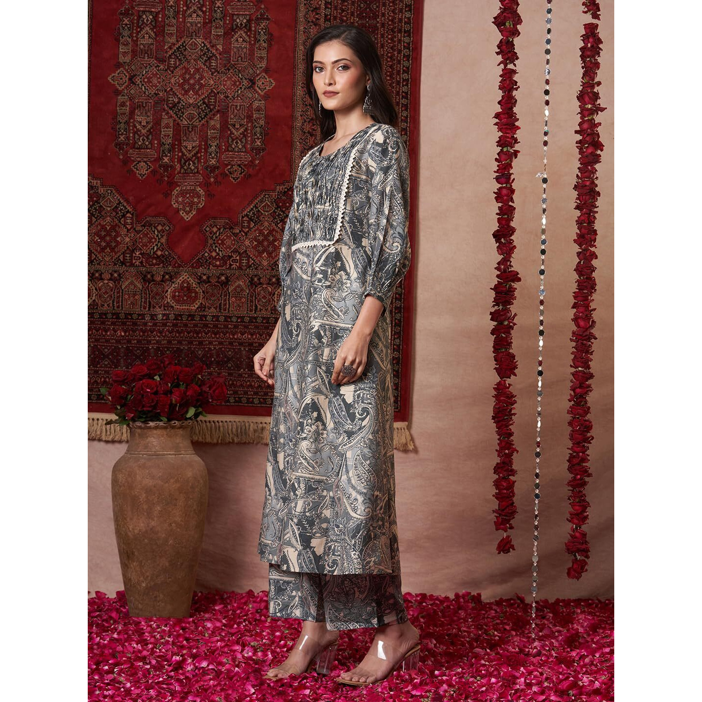 Gosriki Women's Rayon Blend Anarkali Printed Kurta With Palazzo (Marco Grey-Gs_M_Grey_Medium)