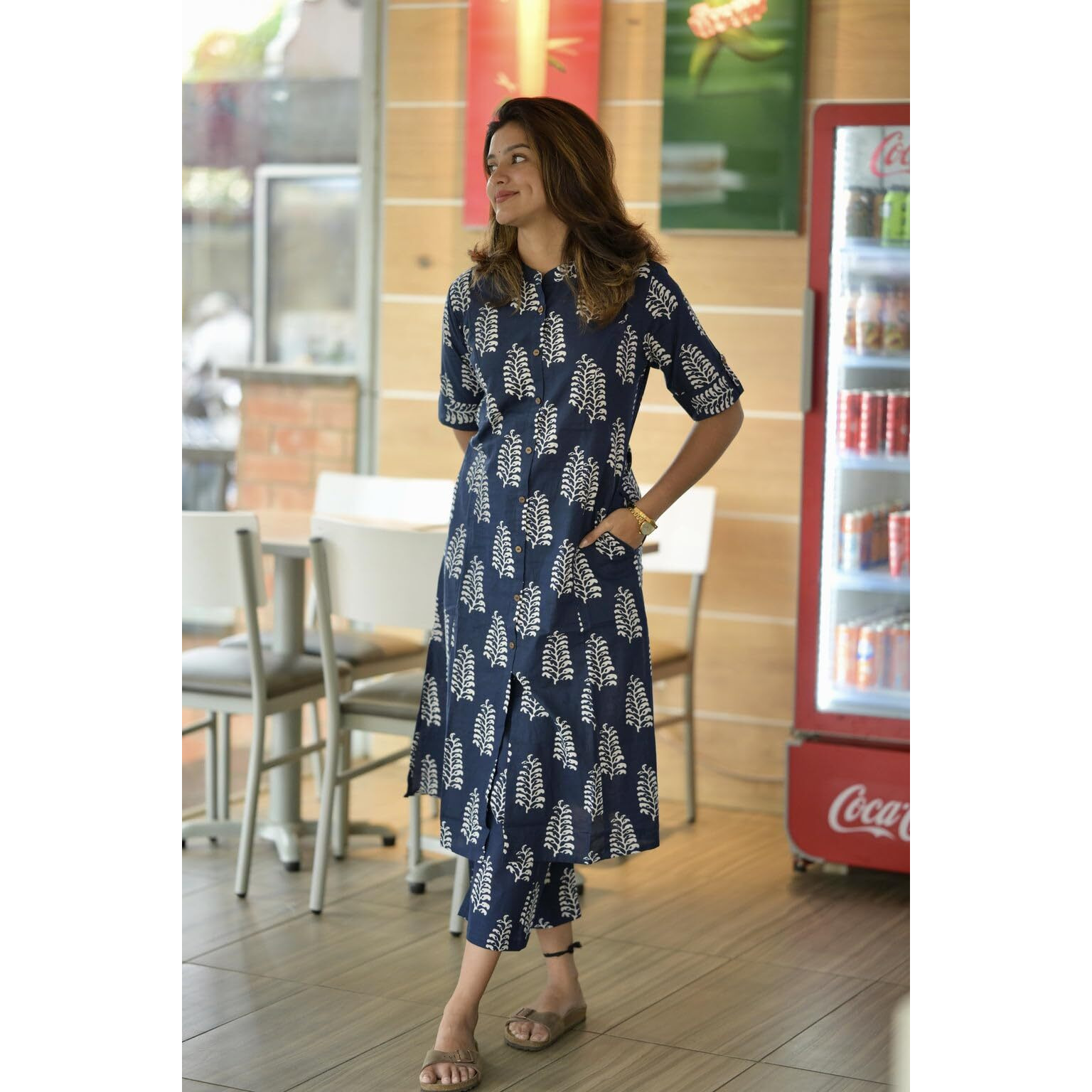 Gosriki Women's Rayon Viscose A-Line Printed Kurta With Pant (Kopek Blue-Gs_M_Blue_Medium)