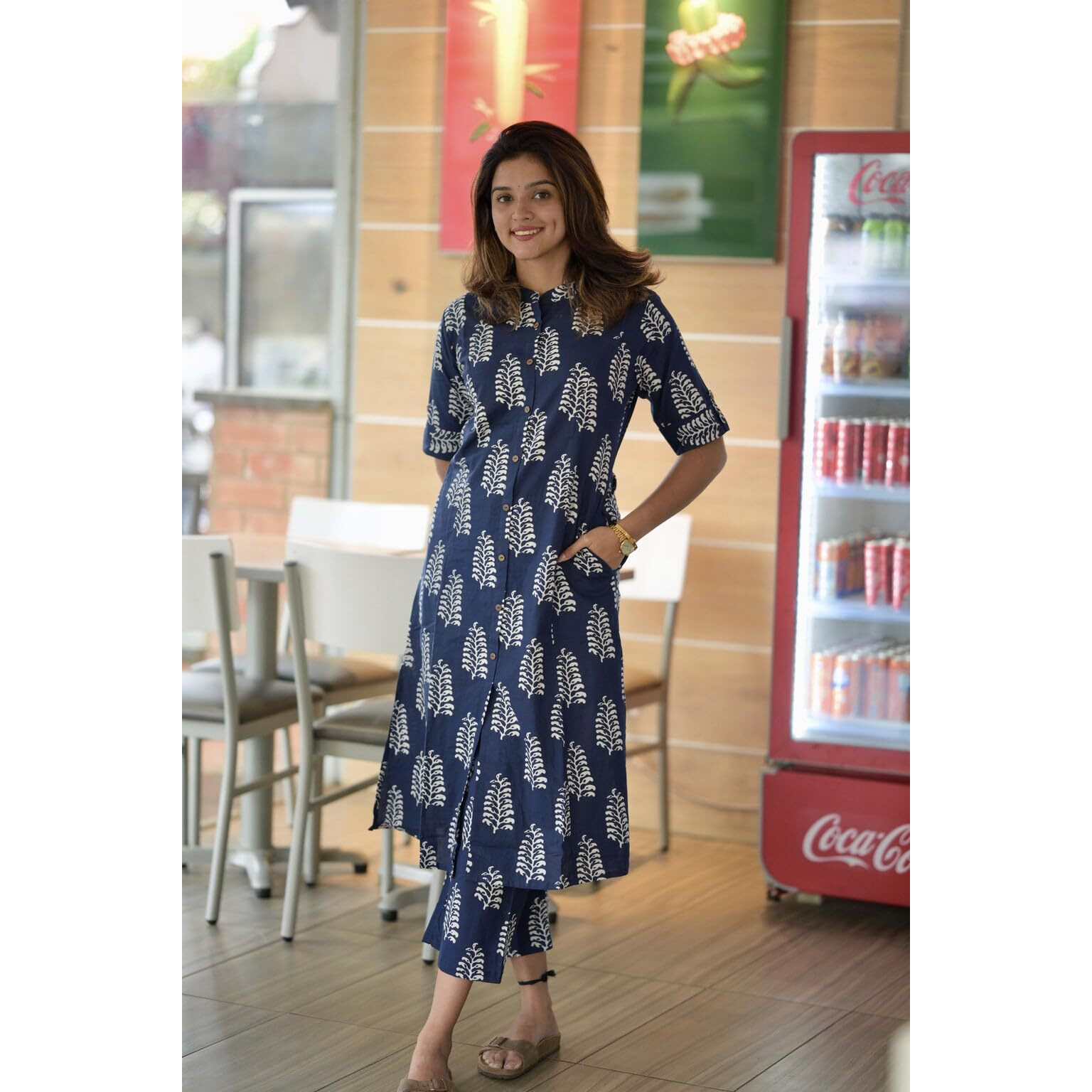 Gosriki Women's Rayon Viscose A-Line Printed Kurta With Pant (Kopek Blue-Gs_M_Blue_Medium)