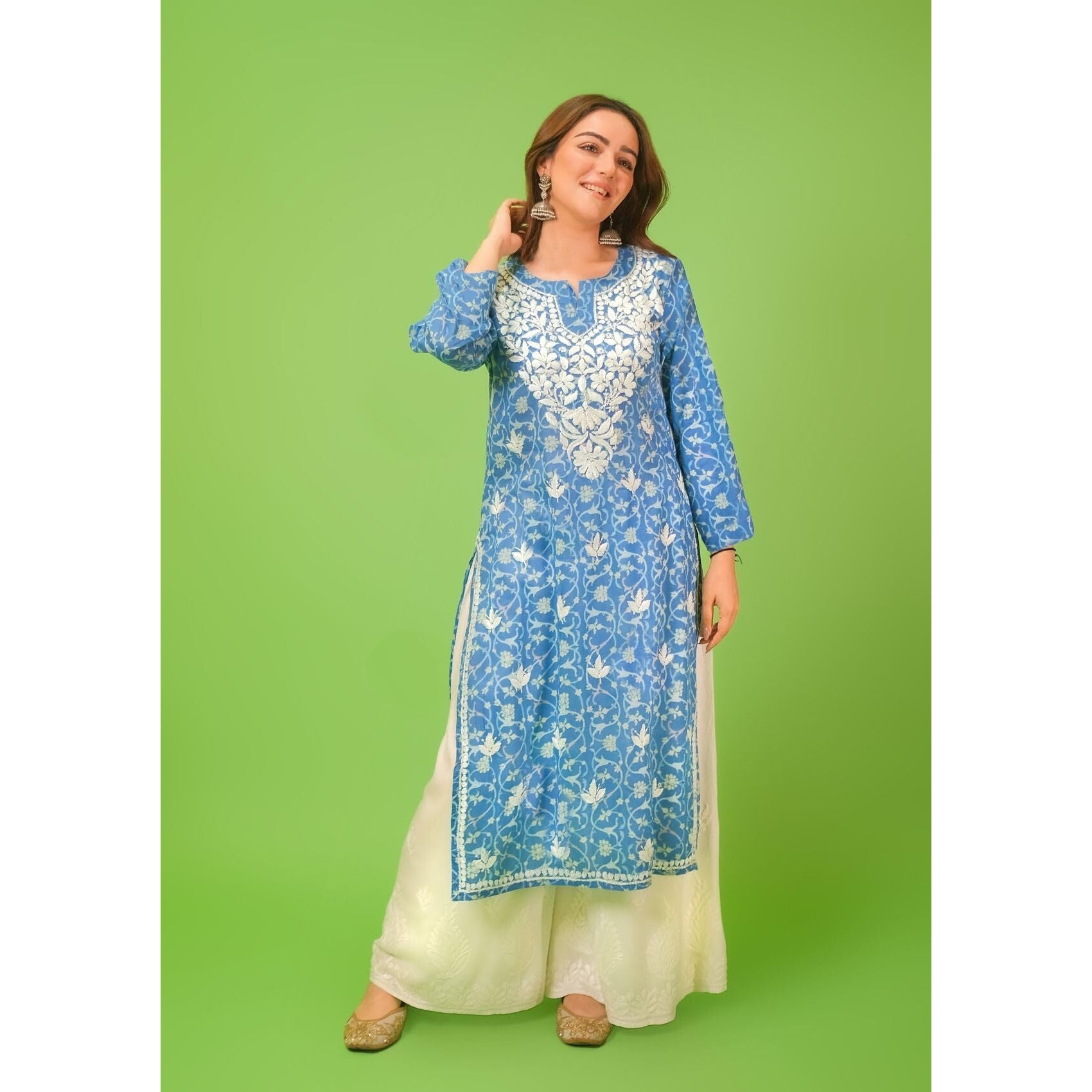 Gosriki Women's Rayon Blend Straight Chikankari Embroidered Kurta (Nakusha Blue-Gs_S_Blue_Small)