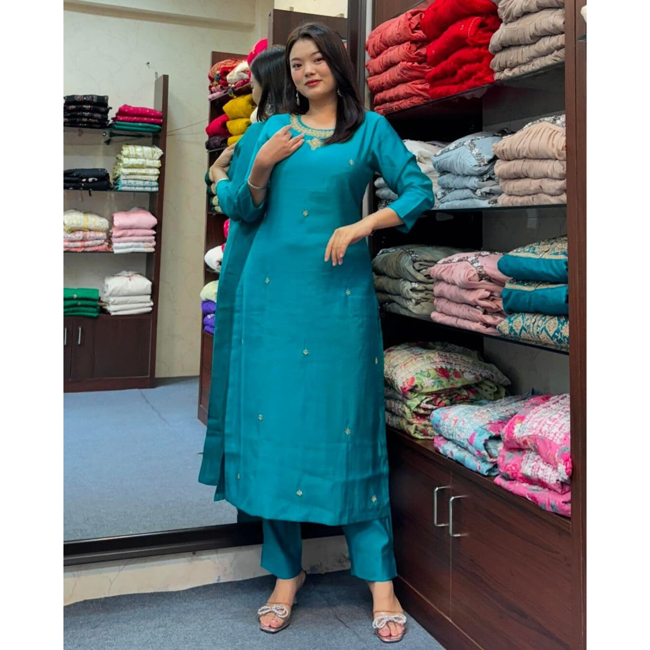 Gosriki Women's Rayon Blend Straight Embroidered Kurta With Pant (Bloom Sky Blue-Gs_S_Sky Blue_Small)