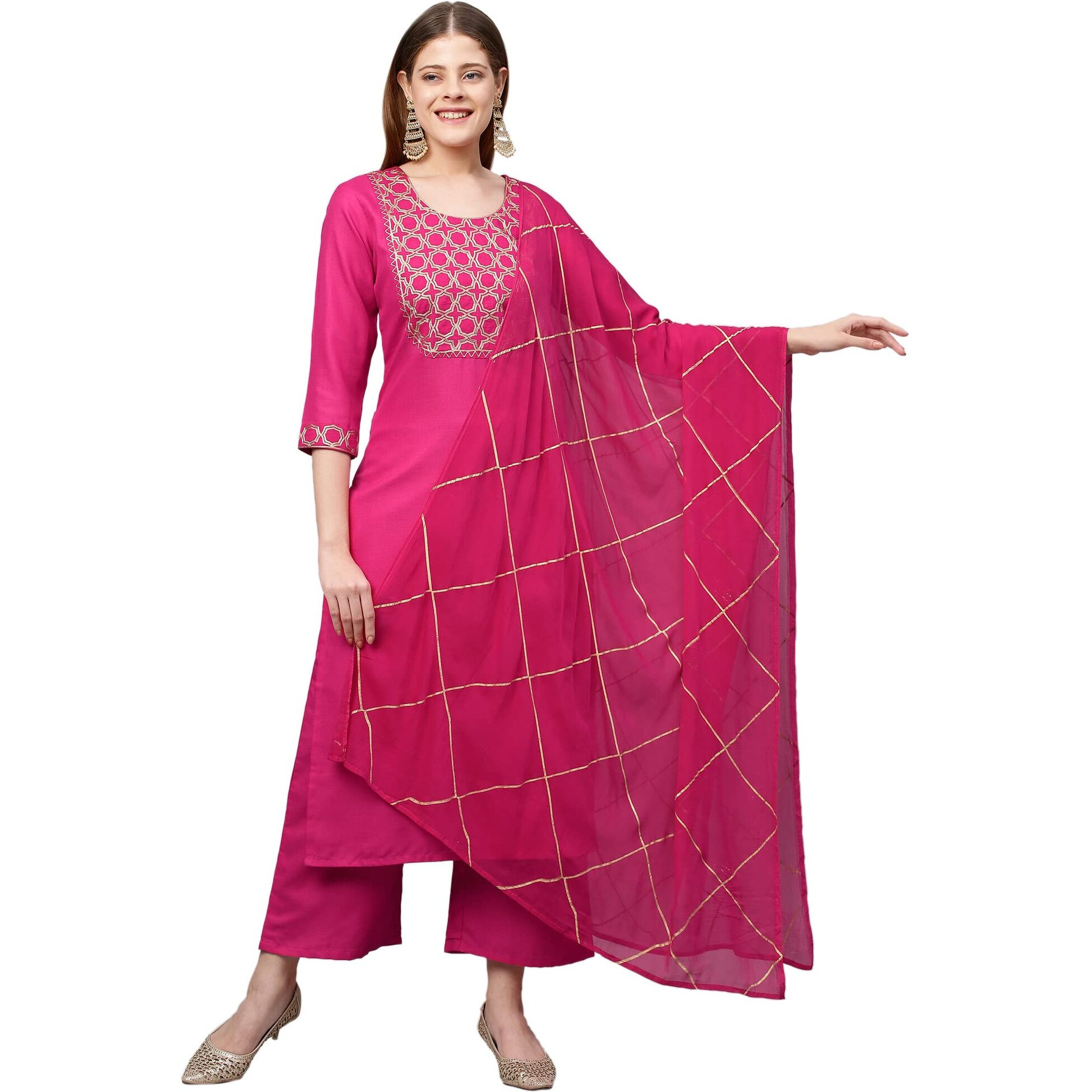 Gosriki Women's Cotton Blend Printed Straight Kurta With Pant & Dupatta (Rinki Green_S-Go_Green_Small)