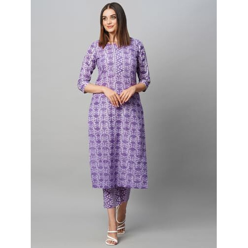 Gosriki Women's Cotton Blend Straight Printed Kurta With Pant (Raja Blue-Gs_Xl_Blue_X-Large)