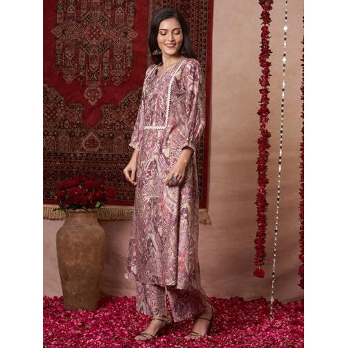 Gosriki Women's Rayon Blend Anarkali Printed Kurta With Palazzo (Marco Purple-Vks01-Gs_S_Purple_Small)