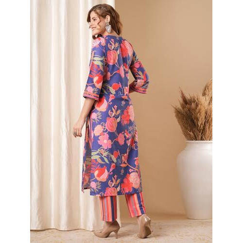 Gosriki Women's Rayon Blend Straight Printed Kurta With Pant (Kalol Blue-Vks01-Gs_M_Blue_Medium)
