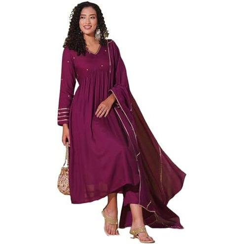 Gosriki Women's Rayon Viscose Yoke Anarkali Kurta With Pant & Dupatta (Suruchi Wine-Vks02-Gs_M_Wine_Medium)