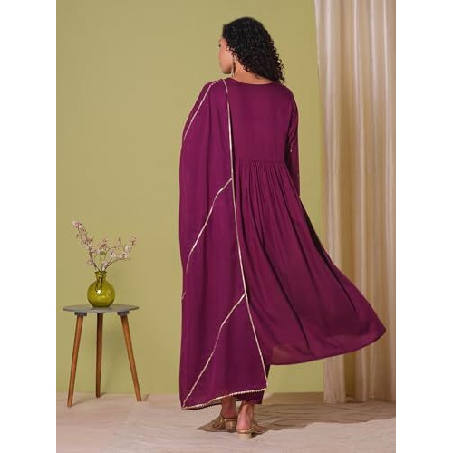 Gosriki Women's Rayon Viscose Yoke Anarkali Kurta With Pant & Dupatta (Suruchi Wine-Vks02-Gs_M_Wine_Medium)