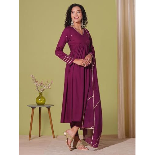 Gosriki Women's Rayon Viscose Yoke Anarkali Kurta With Pant & Dupatta (Suruchi Wine-Vks02-Gs_M_Wine_Medium)