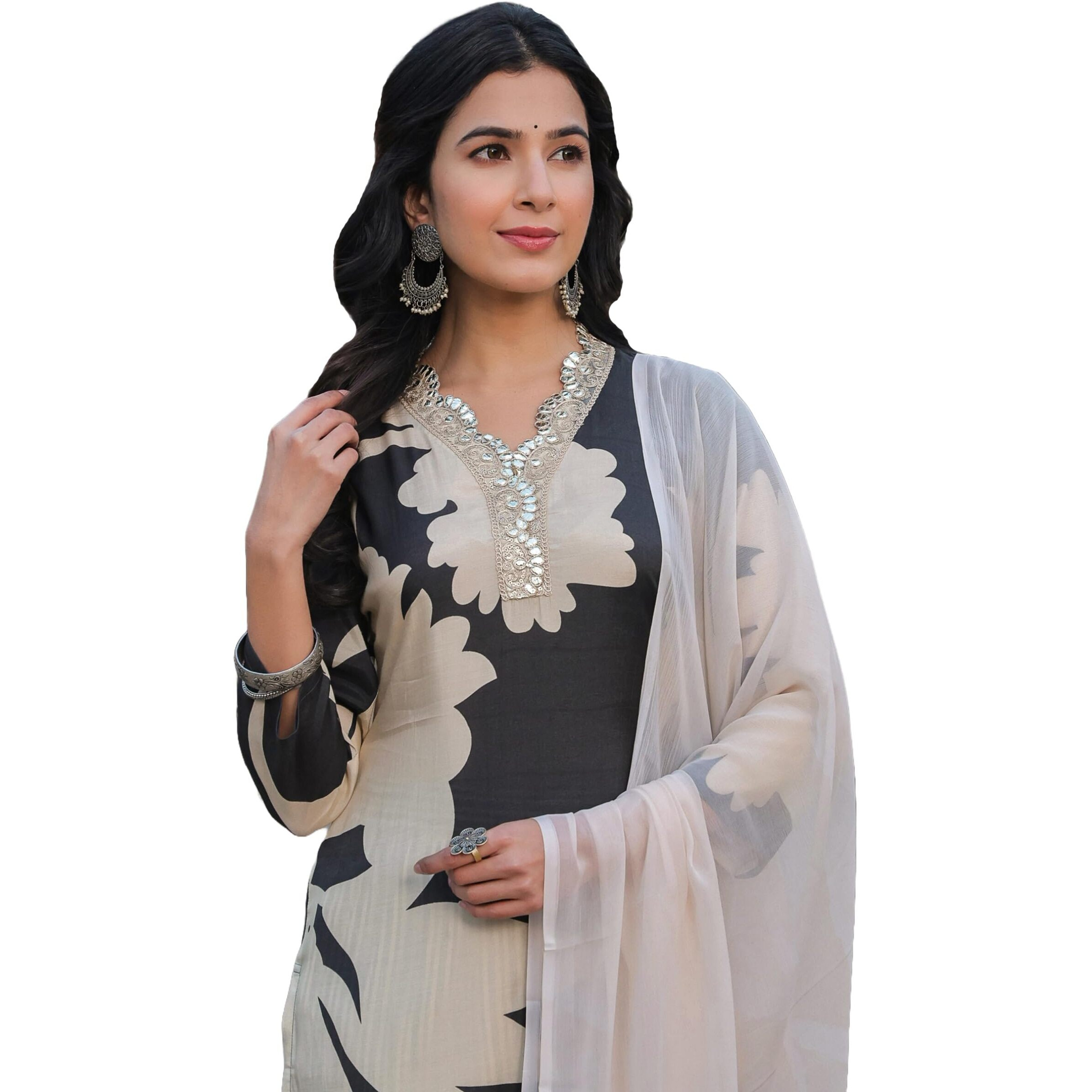 Gosriki Women's Rayon Viscose Printed Straight Kurta With Pant & Dupatta (5Jee Black-Vks01-Gs_Xl_Black_X-Large)