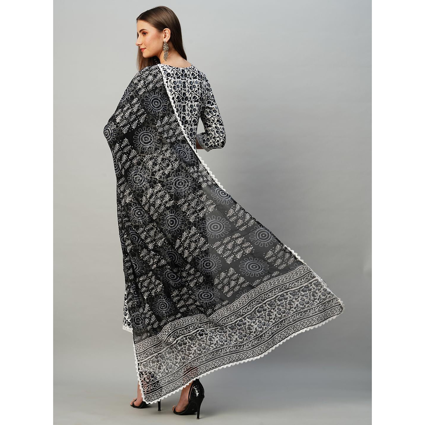 Gosriki Women's Rayon Blend Anarkali Printed Kurta With Pant & Dupatta (Yutika Black-Gs_S_Black_Small)