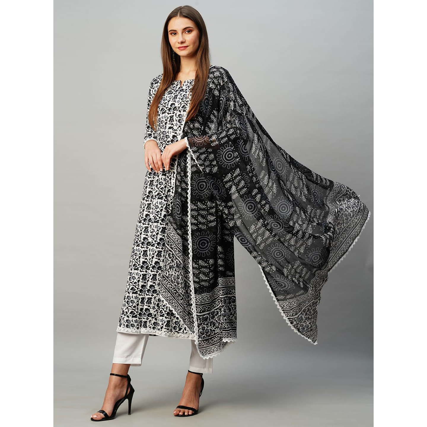 Gosriki Women's Rayon Blend Anarkali Printed Kurta With Pant & Dupatta (Yutika Black-Gs_S_Black_Small)