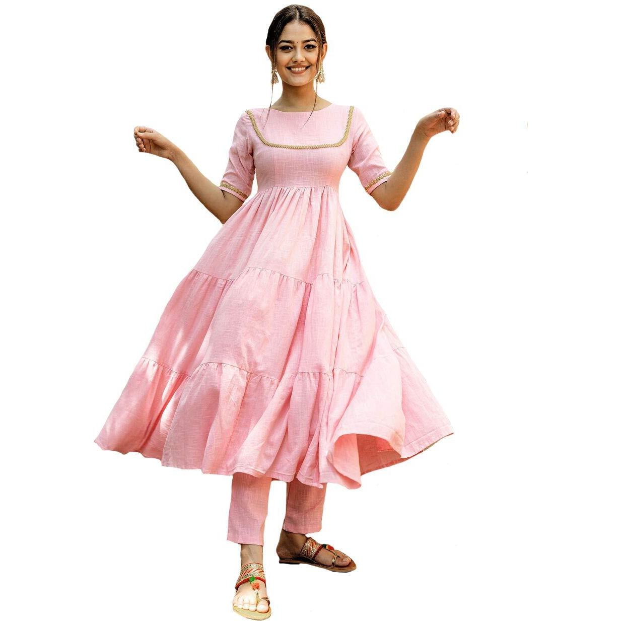 Gosriki Women's Cotton Anarkali Solid Kurta With Pant (Pink,Xl)