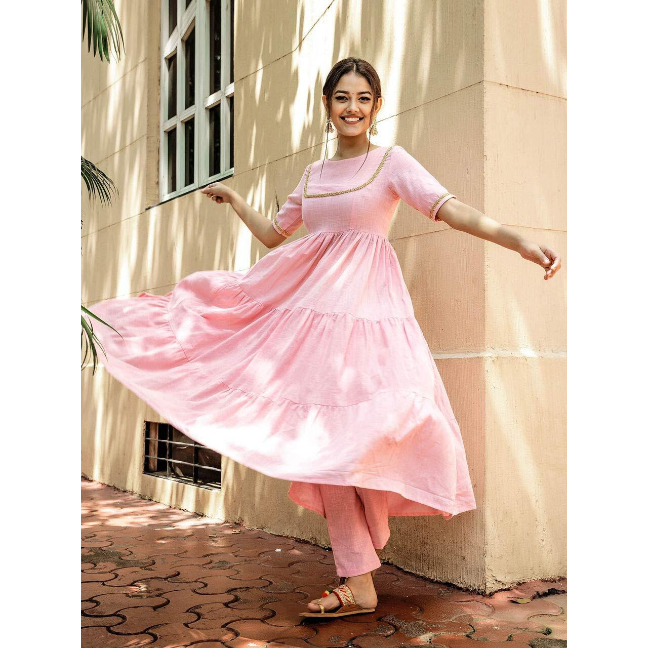 Gosriki Women's Cotton Anarkali Solid Kurta With Pant (Pink,Xl)