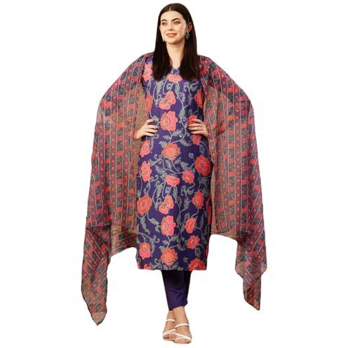 Gosriki Women's Cotton Blend Straight Printed Kurta With Pant & Dupatta (Fataki Begani-Gs_L_Violet_Large)