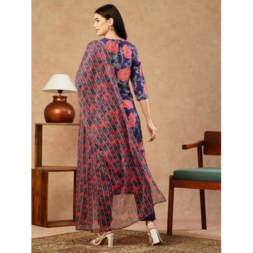Gosriki Women's Cotton Blend Straight Printed Kurta With Pant & Dupatta (Fataki Begani-Gs_L_Violet_Large)