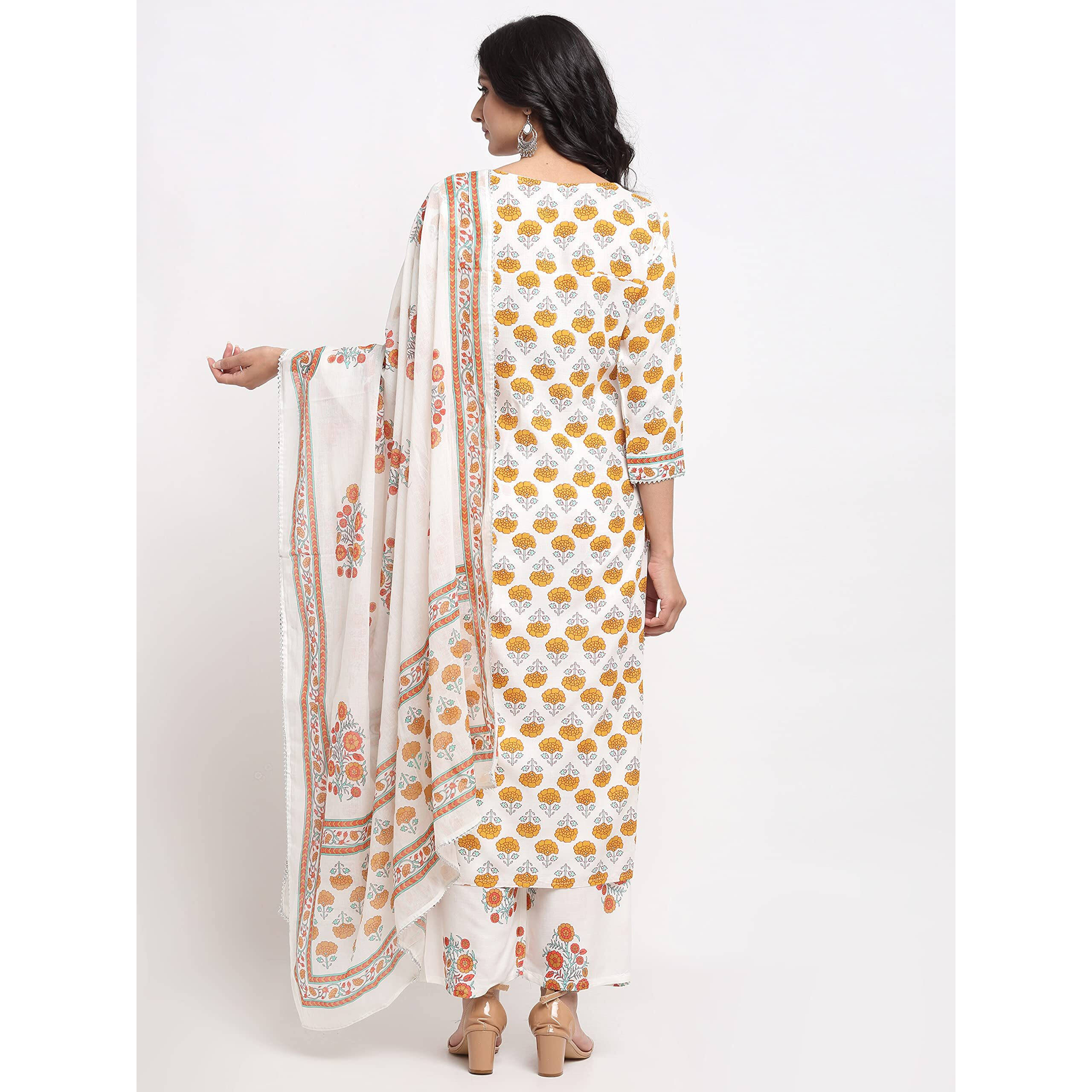 Gosriki Women's Pure Cotton Floral Printed Kurta,Palazzos And Dupatta (Jaipuri Yellow_Xl-Yellow_X-Large)